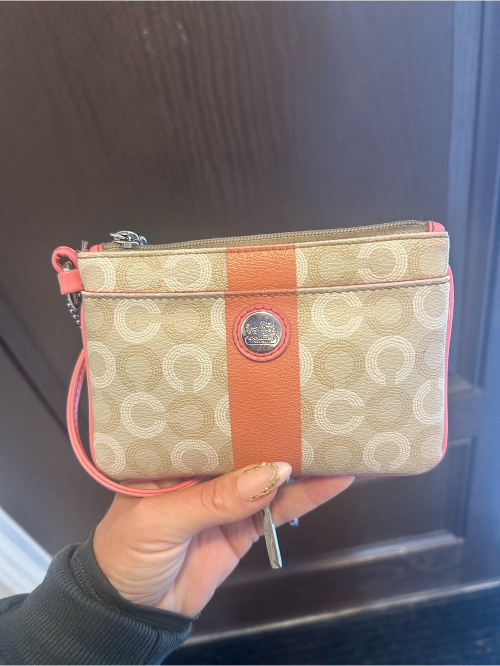 Coach Tan Signature Wristlet with Coral Stripe